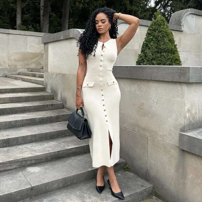 TARUXY Knitted Long Dress For Women Elegant Sleeveless Button Maxi Sweater Bodycon Dresses Female Party Fashion Vestidos