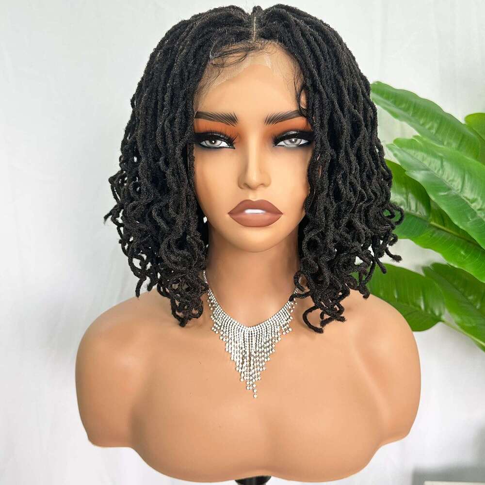 SOKU Short Faux Locs Lace Frontal 12 Inch Natural 4x4 Large Parting Space Twist Dreadlock Wigs for Black Women Afro Curly Braided Synthetic Wig