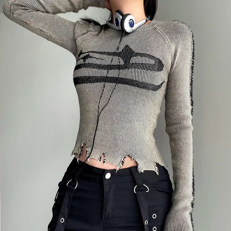 CIBBAR Vintage Ripped ed Sweater Pullovers Haruku Print Full Sleeve Jumpers for Women Autumn spring Knitwears Streetwear fashion clothing women