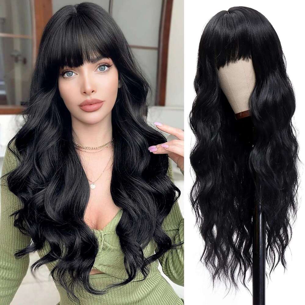 Vomella Black With Bangs 26 Inch Long Curly Wavy Wig Women Natural Looking Synthetic Heat Resistant Wigs for Daily Party Use