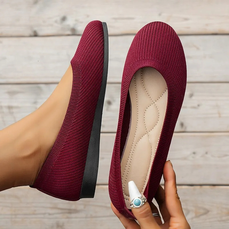 Spring Autumn Casual Shoes For Women Slip-on Pump Knit Single Flat Shoes Breathable Round Toe Ladies Cloth Loafers Large Sized 250421