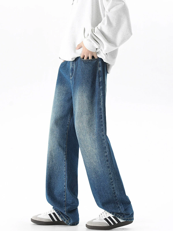 PLus Size 5XL Denim Pants Men Jeans Straight Washed Jean Loose Full Length Solid Loose Zipper Fly Spliced Distressed Mid Waist Vintage Trousers