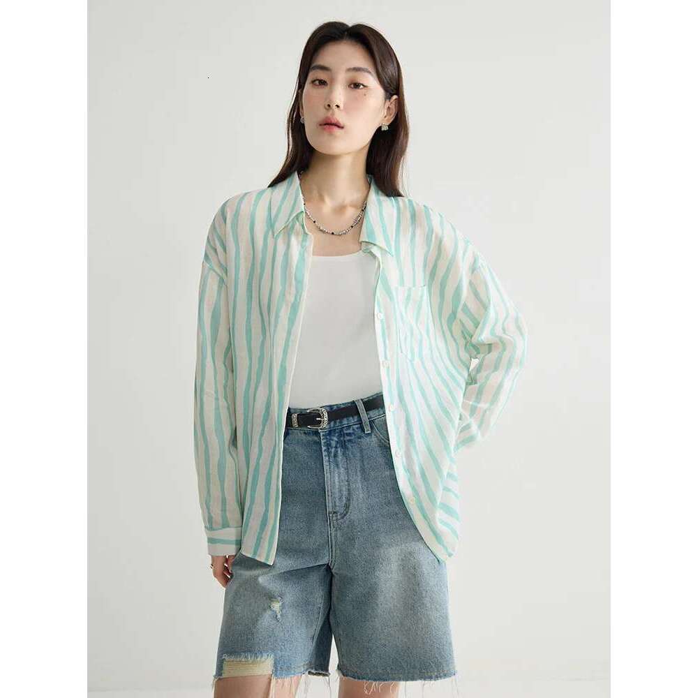 DUSHU Summer Thin Long Stripe Green Blouse Drop Sleeve Straight Pink Srtipe Lyocell 54.5% Ramie 45.5% Shirts 24Ds82685