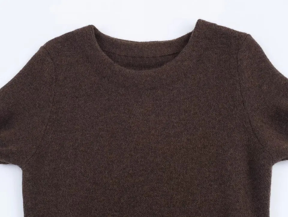 ETJ Womens collection Fashionable Maillard color faux fur patchwork hem round-neck short-sleeved knitted dress 251129