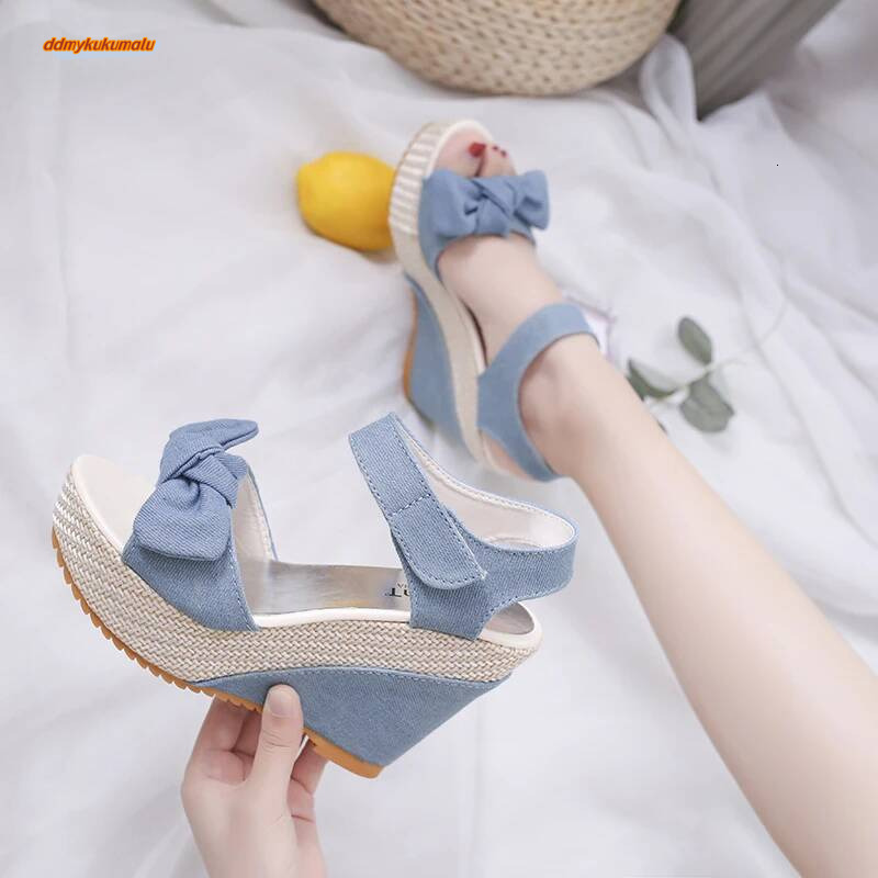 Brand New Ladies Platform Denim Fashion Bow Mixed Colors Wedges High Heels Women's Sandals Casual Party Woman Shoes ddmykukumalu