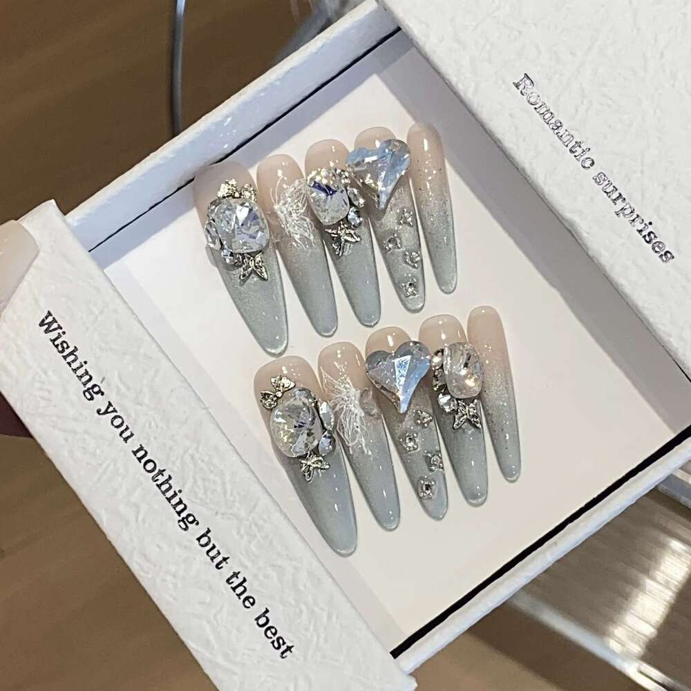 10Pcs French Cat Eye Al Handmade Press False Nail Fake with Rhinestone Design Wearable Stick-on Nails