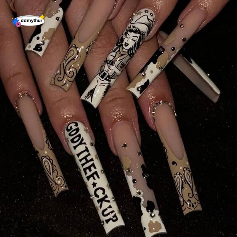 Simple Y2K Long Coffin French Ballerina Letter Design False Full Cover Artificial Nails Press On Valentine's Day CF36 ddmythur