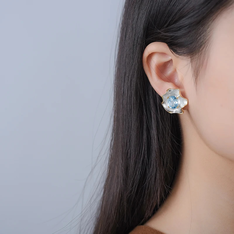 Fun Natural Topaz Gemstone Curled Leaf Stud Earrings for Women 925 Sterling Silver Vintage Baroque Style Jewelry250422