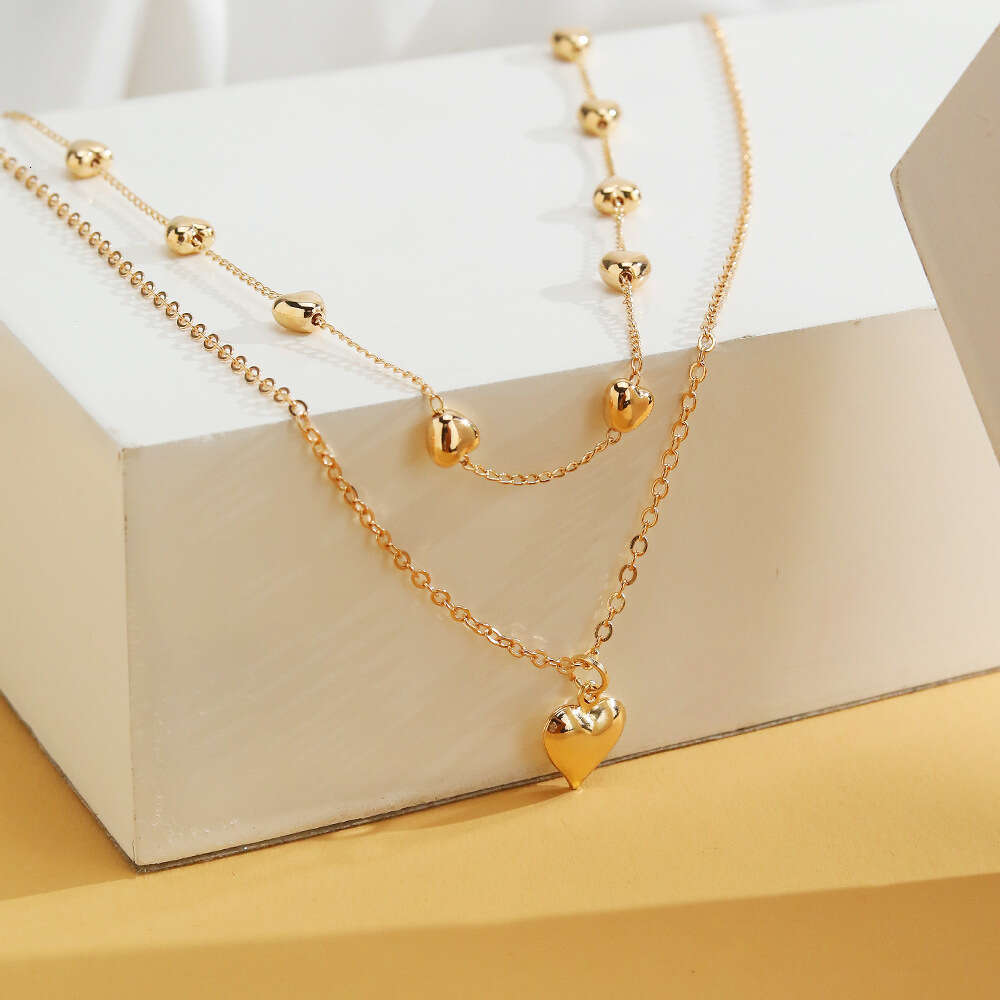 Jewelry double-layer mixed color chain, heart-shaped collarbone chain necklace, female sweet and cool hip-hop necklace
