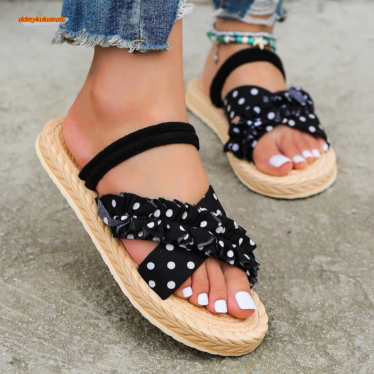 Women's fashion trend, anti slip and wear-resistant lace strap flat heel sandals ddmykukumalu