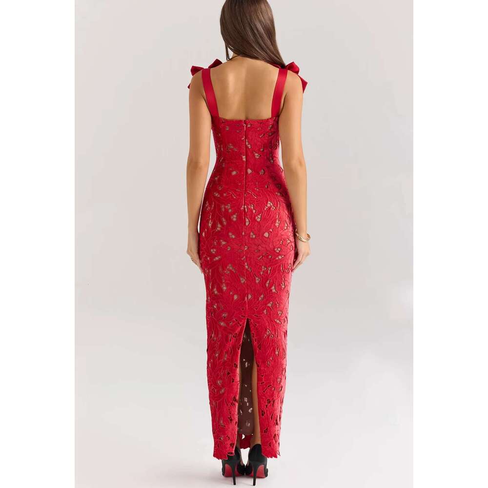 2025 Spring Summer Fashion Women Bows Lace Sexy Maxi Dress For Backless Bodycon Birthday Club Party Sleeveless Long Dresses