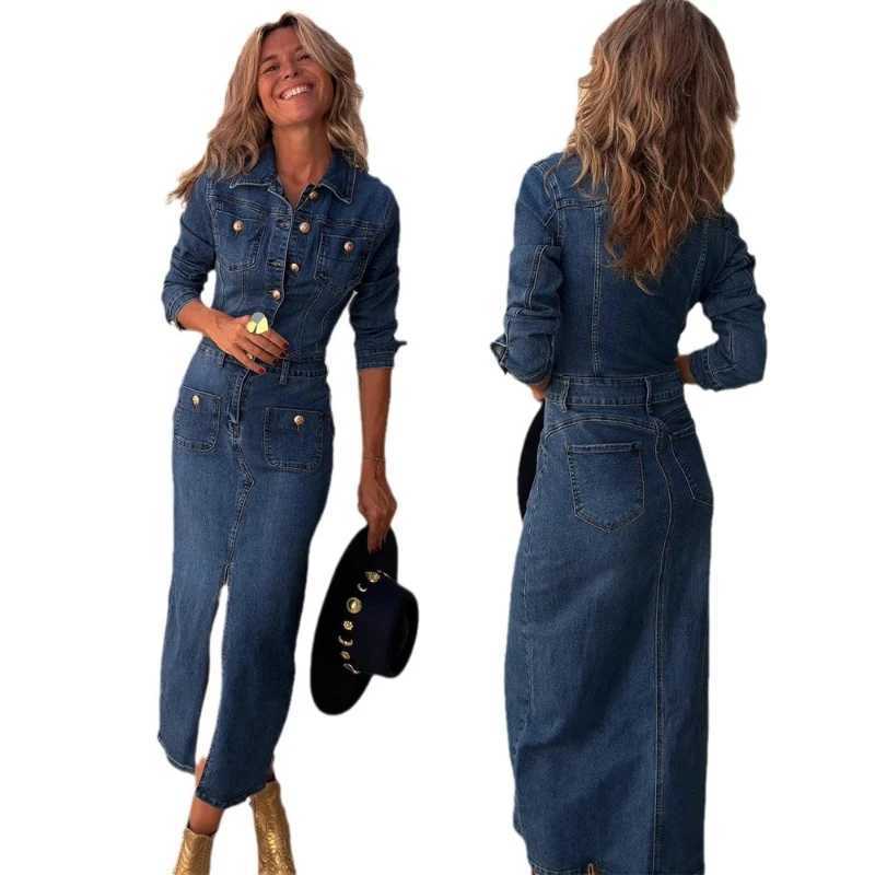 Cowboy dress medium length dress womens single chest slim fit dress streetwear elegant lapel party long dress Vestidos Y2k W250430