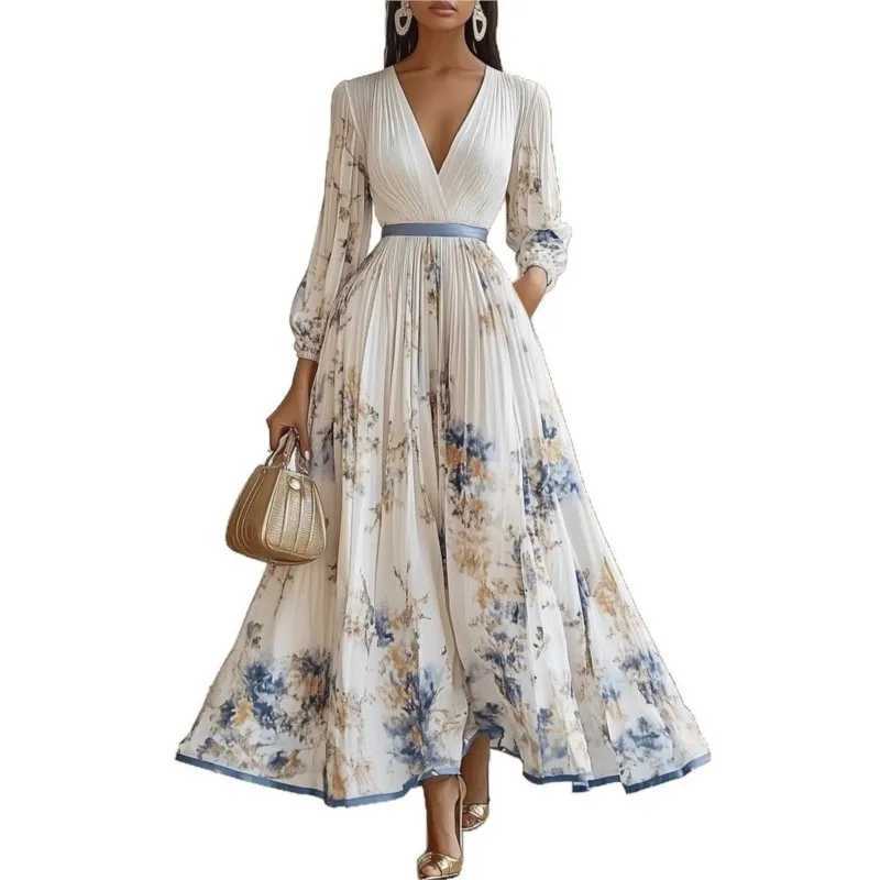 Fashion floral print patch work Bohemian dress womens sexy deep V-neck hollow long dress New Years loose long dress W250430
