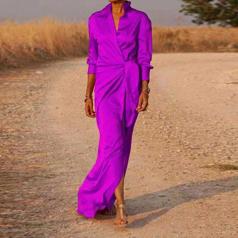 Casual office lapel V-neck long dress spring womens long sleeved solid shirt dress elegant womens lace patchwork slim fit long dress W250430