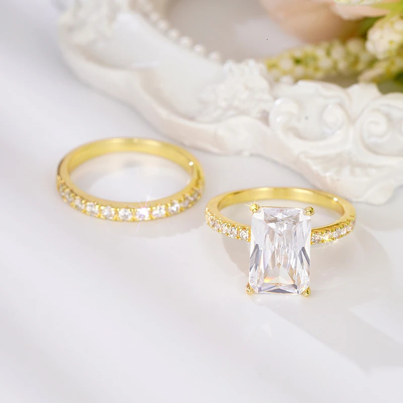 Huitan rectangular cubic zirconia set ring suitable for female brides wedding accessories trend engagement band jewelry wholesale 250428