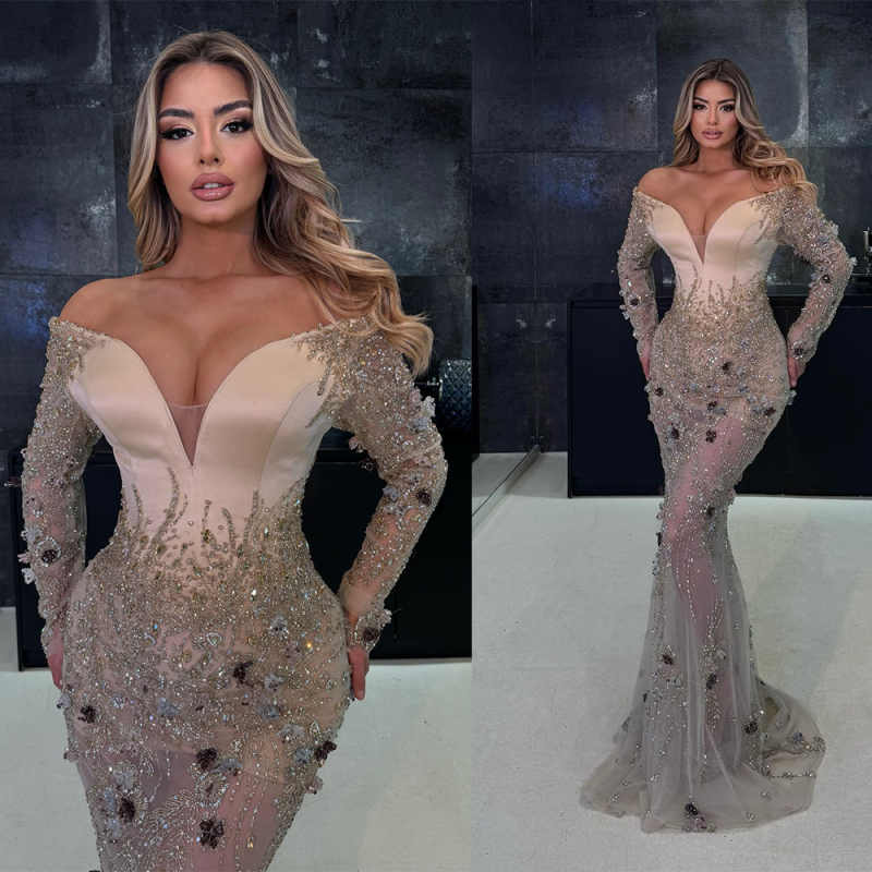 Exquisite Crystal Mermaid Evening Dress Off Shoulder Long Sleeve Prom Gowns Beaded Sequins Floor Length Party Dresses Customized