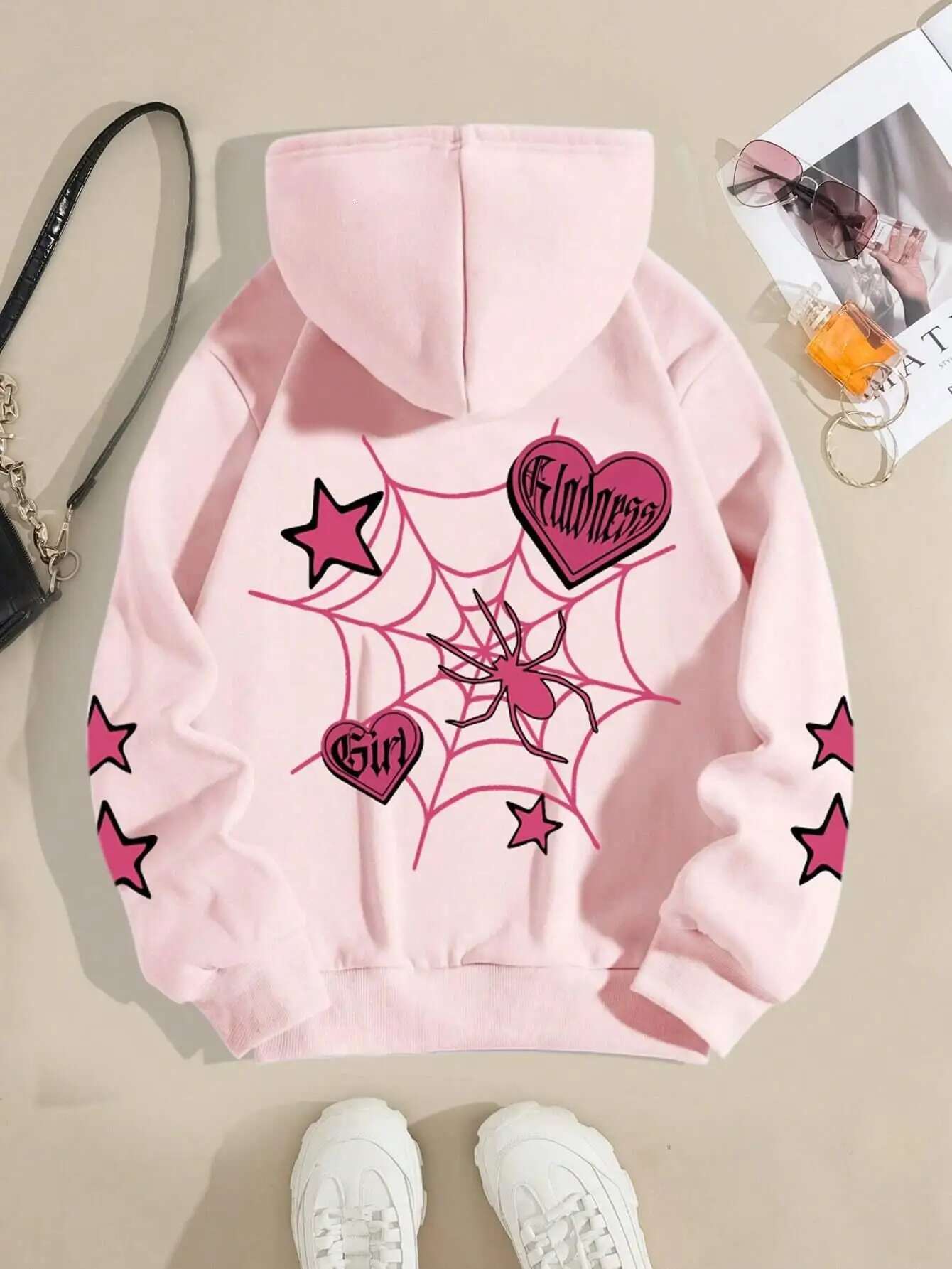 Spider Star Printed Hoodies Street Sporty Women Sweatshirts Comfortable Crewneck Pullover Loose Fleece Female Tops Clothes fashion clothing women