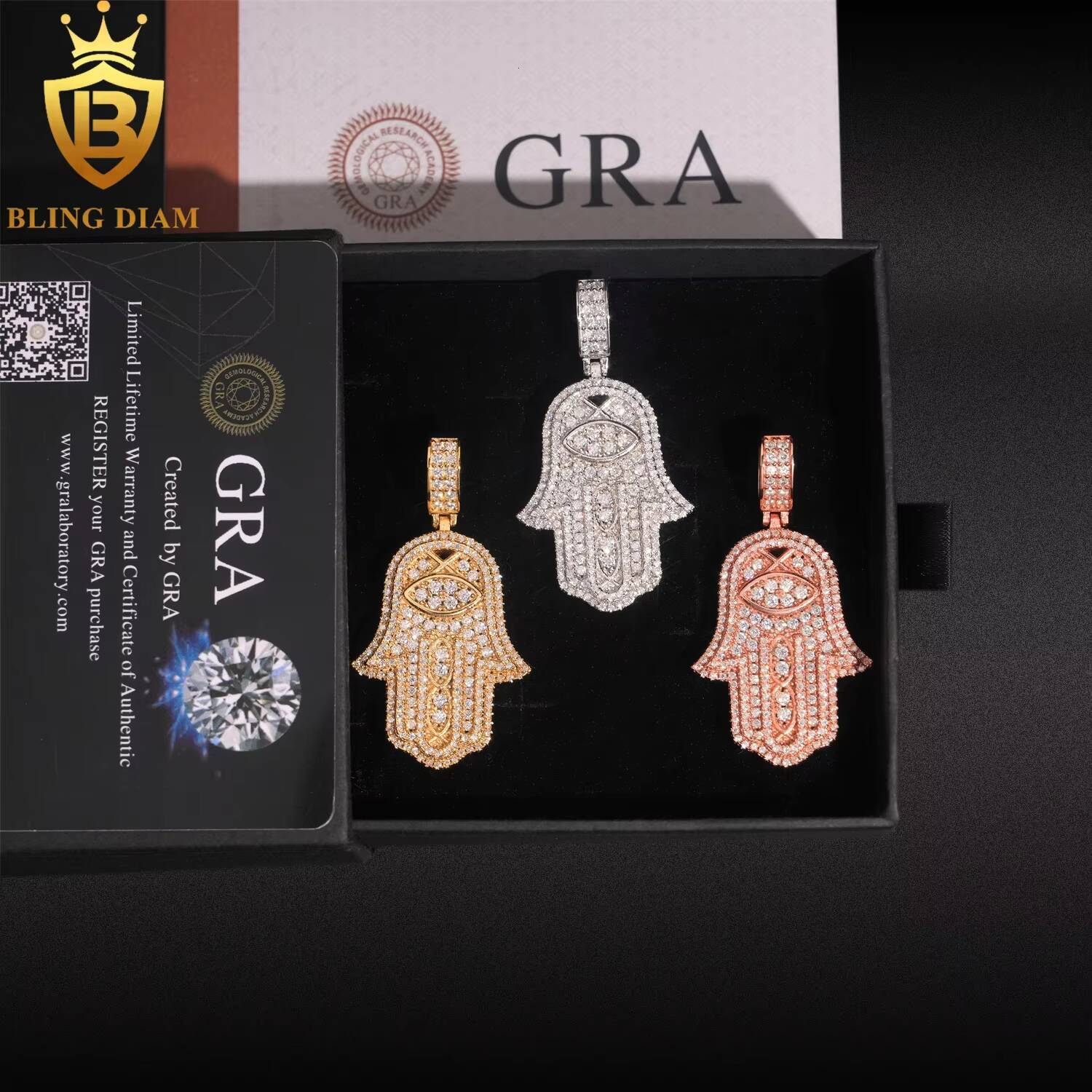 Hamsa Hand Pendant Hip Hop Jewelry Full Diamond VVS Moissanite 925 Silver Charm Pendant Pass Diamond Tester