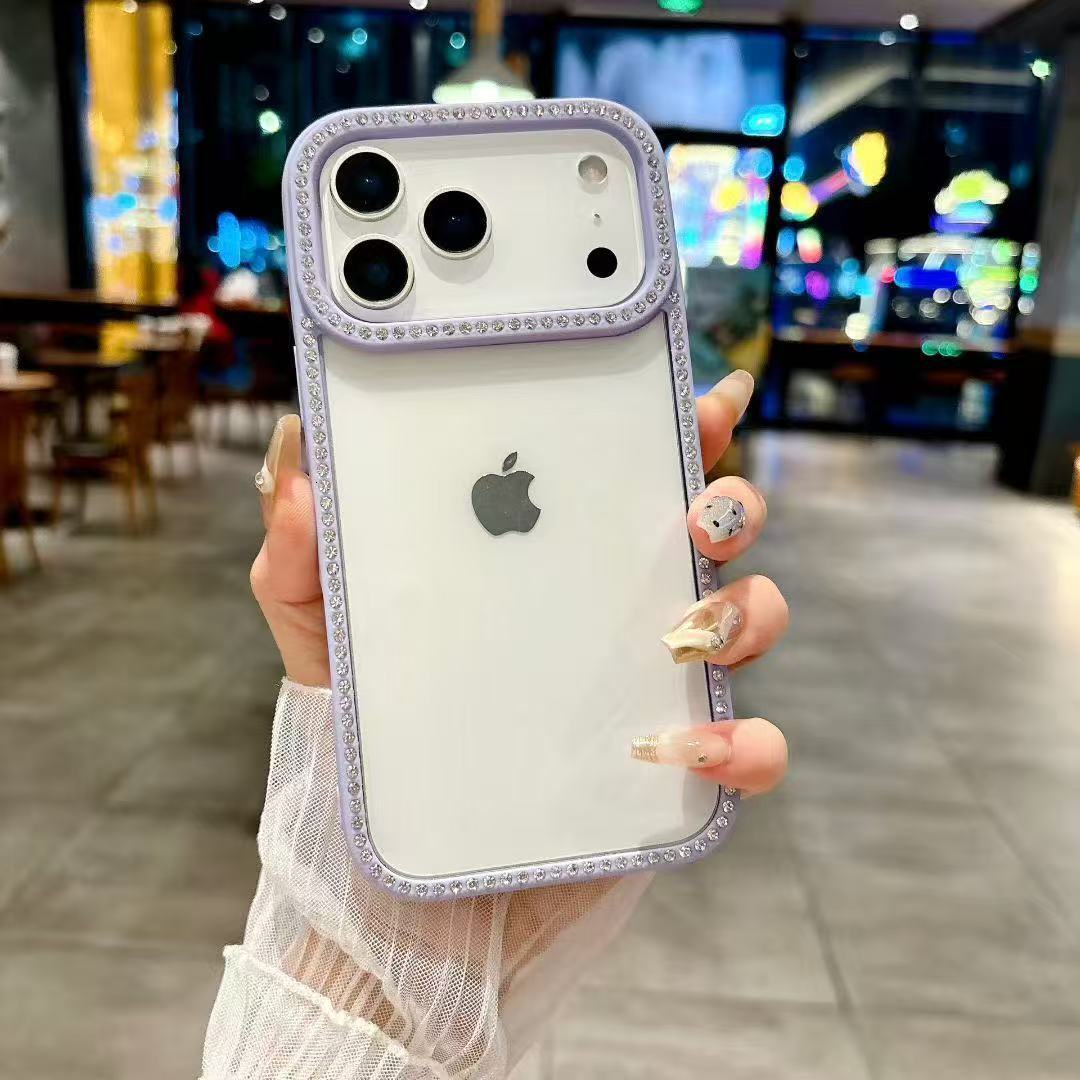 Transparent Groove Phone Case iPhone 17 Pro Max Compatible with Apple 15/16 Pro Rhinestone Edge Protective Case