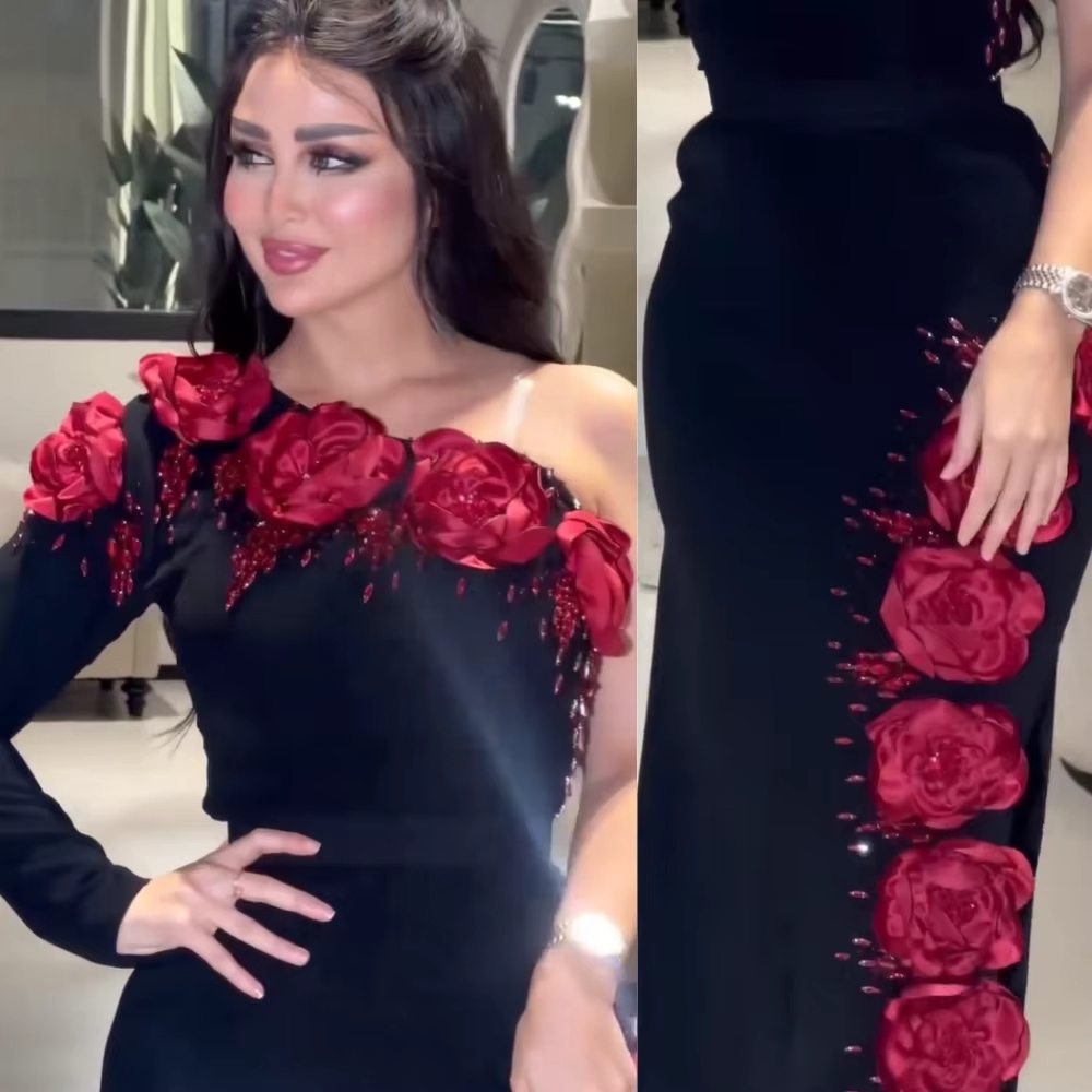 Elegant One Shoulder Red Flowers Prom Dresses Crystals Beaded Long Black Formal Party Gown Arabic Dubai Women Birthday Evening Dress Side Split