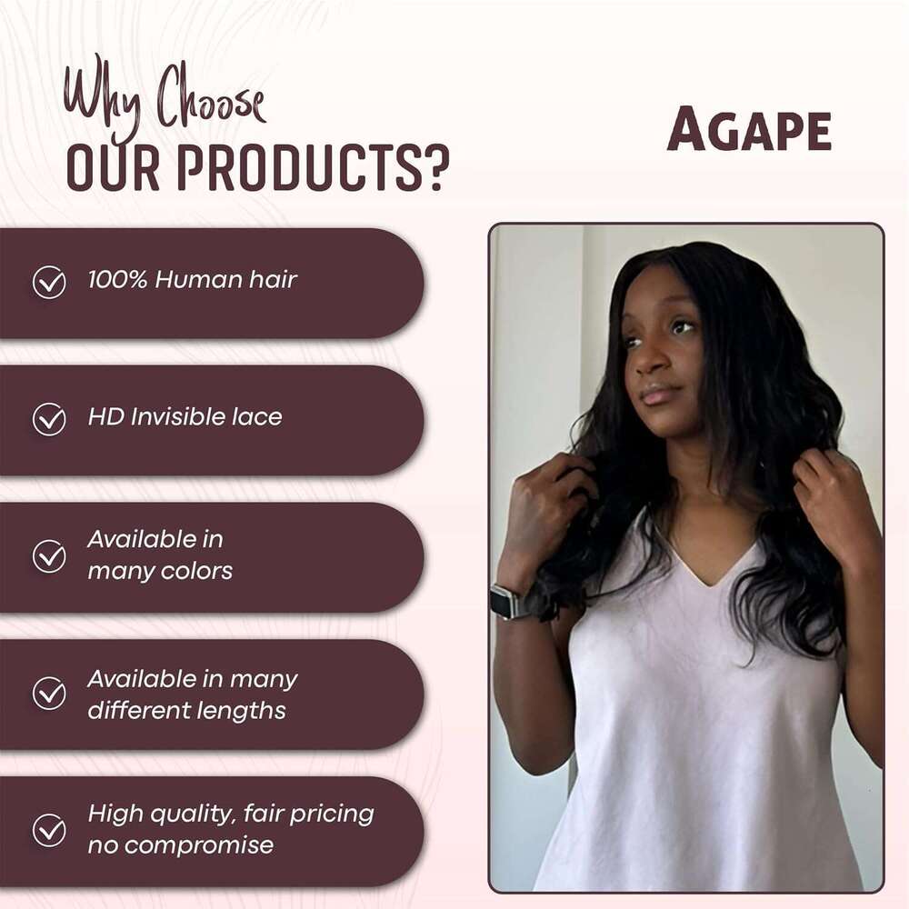 Agape 13x5 Body Wave HD Lace Front Wig 100% Human Hair for Women, 180% Density, Pre-Plucked with Baby Hair, Glueless Transparent Swiss Lace, No Synthe