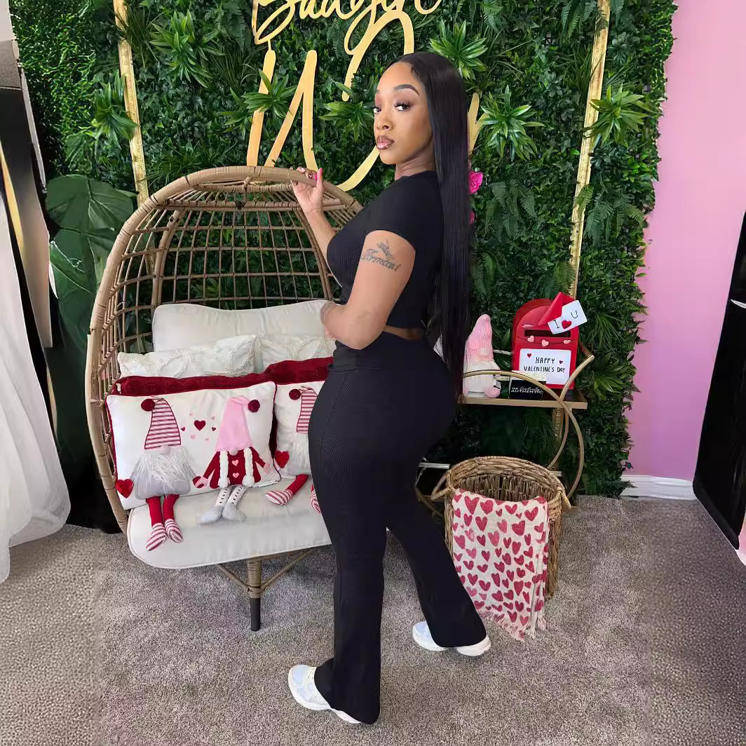 Womens Tracksuits Two Pieces Set 2025 Summer New Pit Stripe U Neck Short Sleeve Flipped Pants 5 Colors