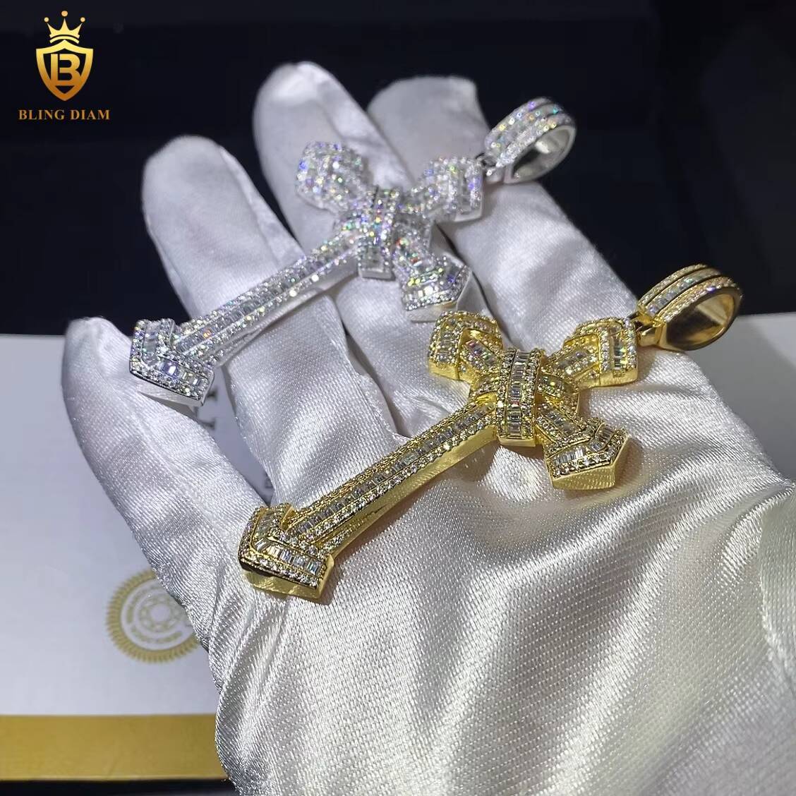 925 Silver Iced Out Cross Pendant Charms Baguette Cut Moissanite D VVS Fine Pendant Necklaces Men Pass Diamond Tester GRA