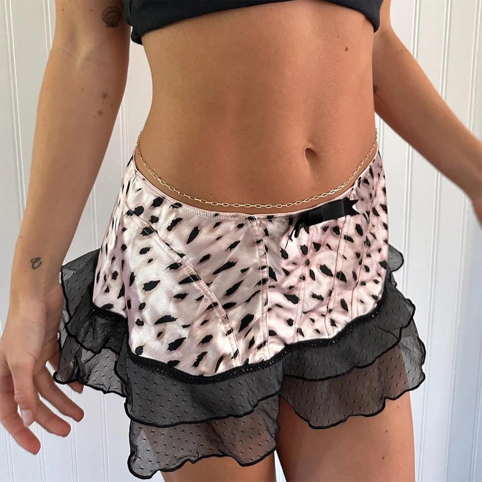 Women Bow Front A-Line Skirts Low Waist Ruffle Mini Skirts Y2K Sexy Cute Summer Low Waisted Short Skirts Streetwear Clubwear 250428