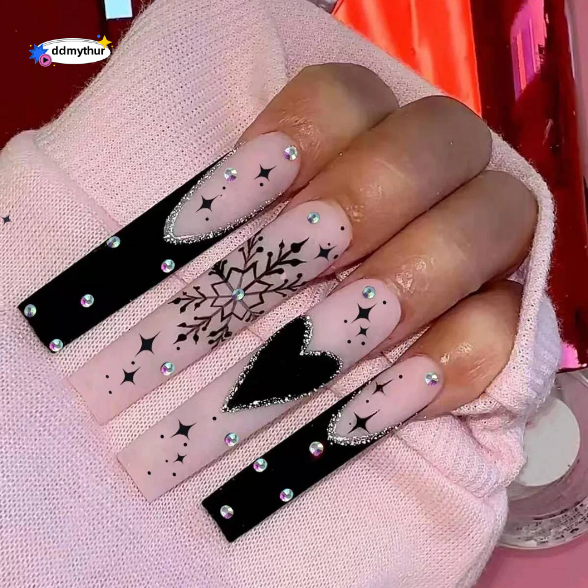 24pcs Love Rhinestones False Pink Full Cover Long Square Press on Nails Fake Nail Finished Ballet Wearable Manicure Sets ddmythur