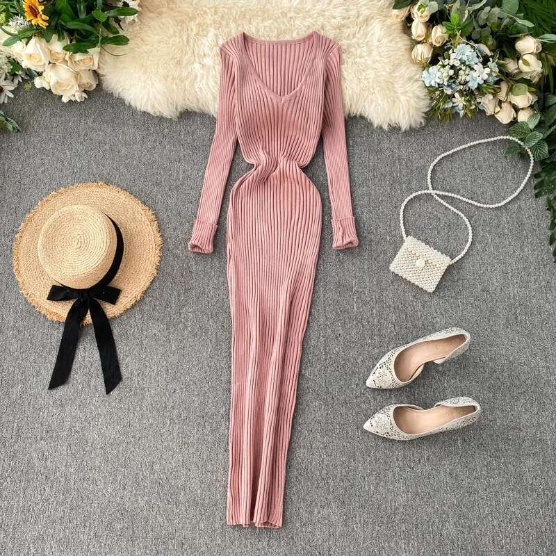 New Women Autumn Knitted V Neck Sexy Slim Elastic Oversized Basic Bodycon Sweater Winter knit Warm Long Dress