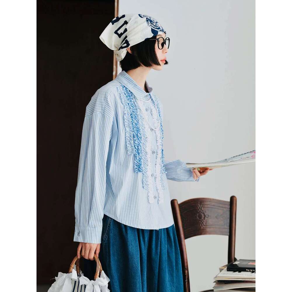 IMAKOKONI Original Design Lapel Long Sleeved Lace Patchwork Blue Striped Shirt For Women 244738