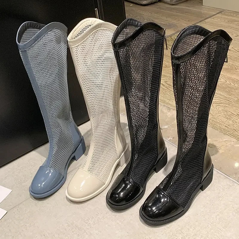 High Boots for Women Fashion Platform Martern Boot Hollow Long Boots Woman Sring Autumn Mesh Sexy Knee-length Boots 250428
