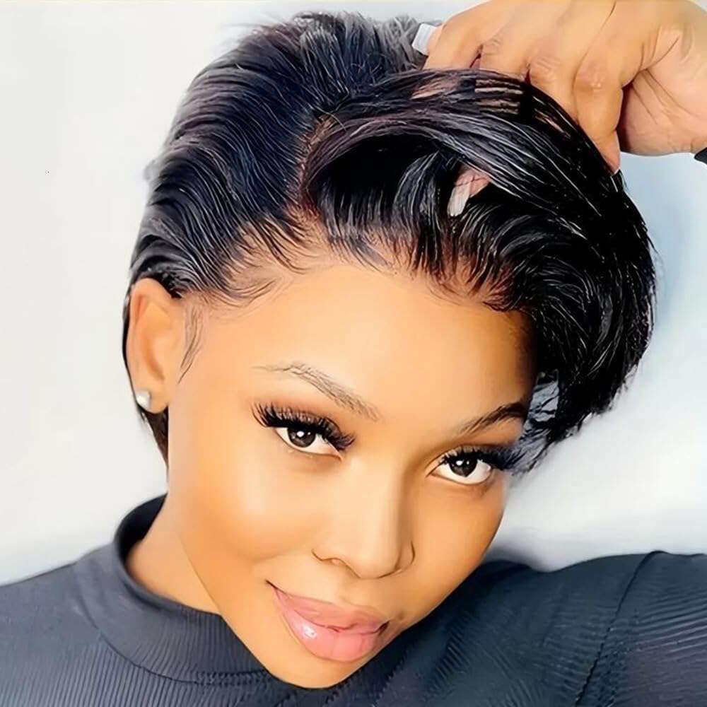 YIHANGDA Bob Short Front Wigs for Black Women Human Hair Pixie Cut Pre Plucked T Part Lace Wig with baby hair 1B Color
