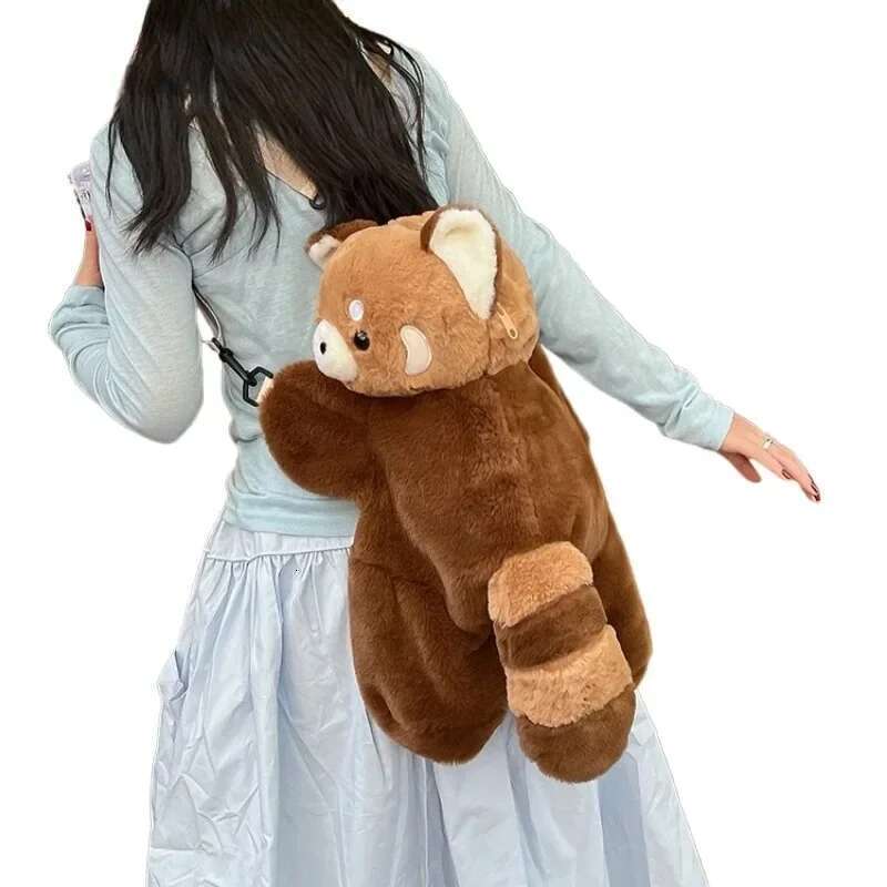 Red Panda Plush Backpack Cute Plushie Doll Women Crossbody Fur Soft Shoulder Bag For Camping Travel Party Female Birthday Gift