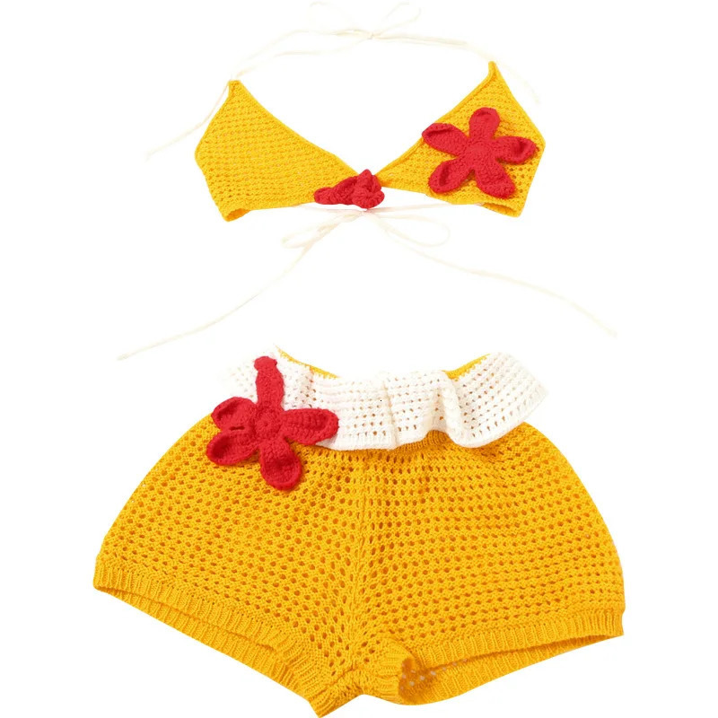 Summer 2025 Sexy Bikini Set Womens Knitted Flower Color Block Crop Top And Shorts Two-Piece Suite Trendy Streetwear Beachwear 250428
