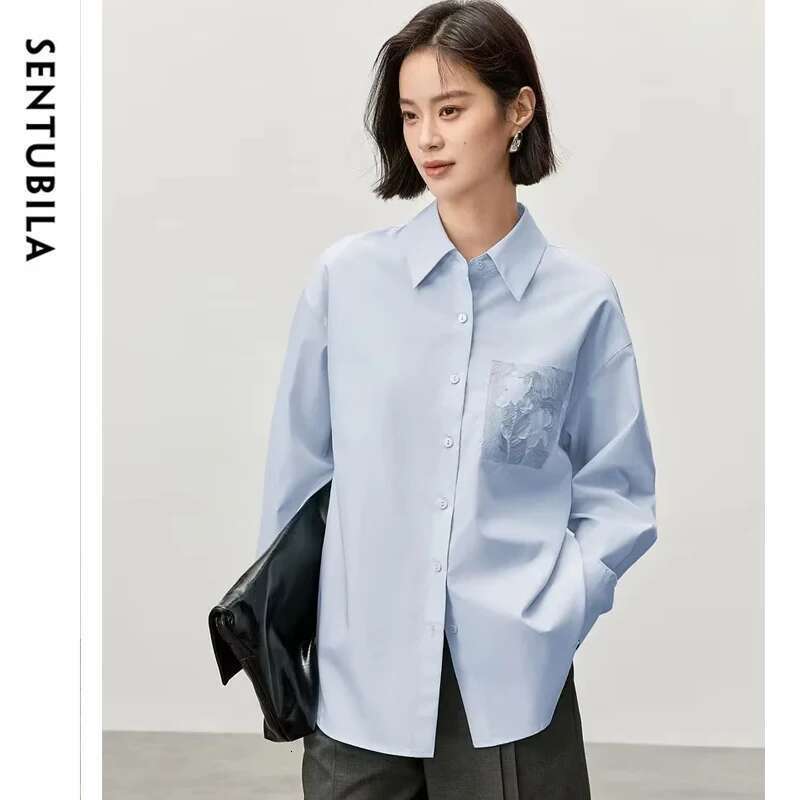 SENTUBILA Embroidery Cotton Women Shirt 2025 Spring Autumn Loose Fit Drop Long Sleeve Simple Commute Shirts & Blouses 143C56224