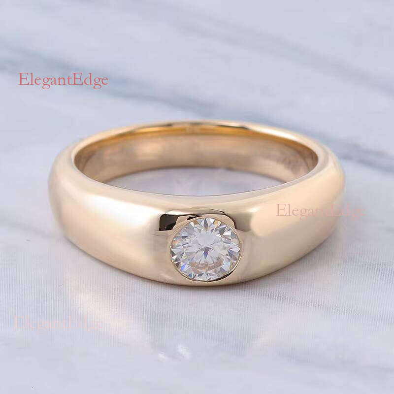 Personalized Round Cut Lab 0.5 Ct Bezel Setting Dia Engagement Wedding 14k Yellow Gold Ring for Punk Men