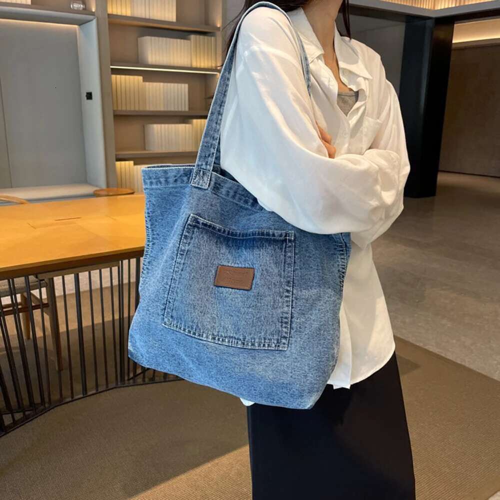 Women Shoulder Large Capacity Denim Tote Solid Color Clutch Simple Female Commuter Handbag Crossbody Bag
