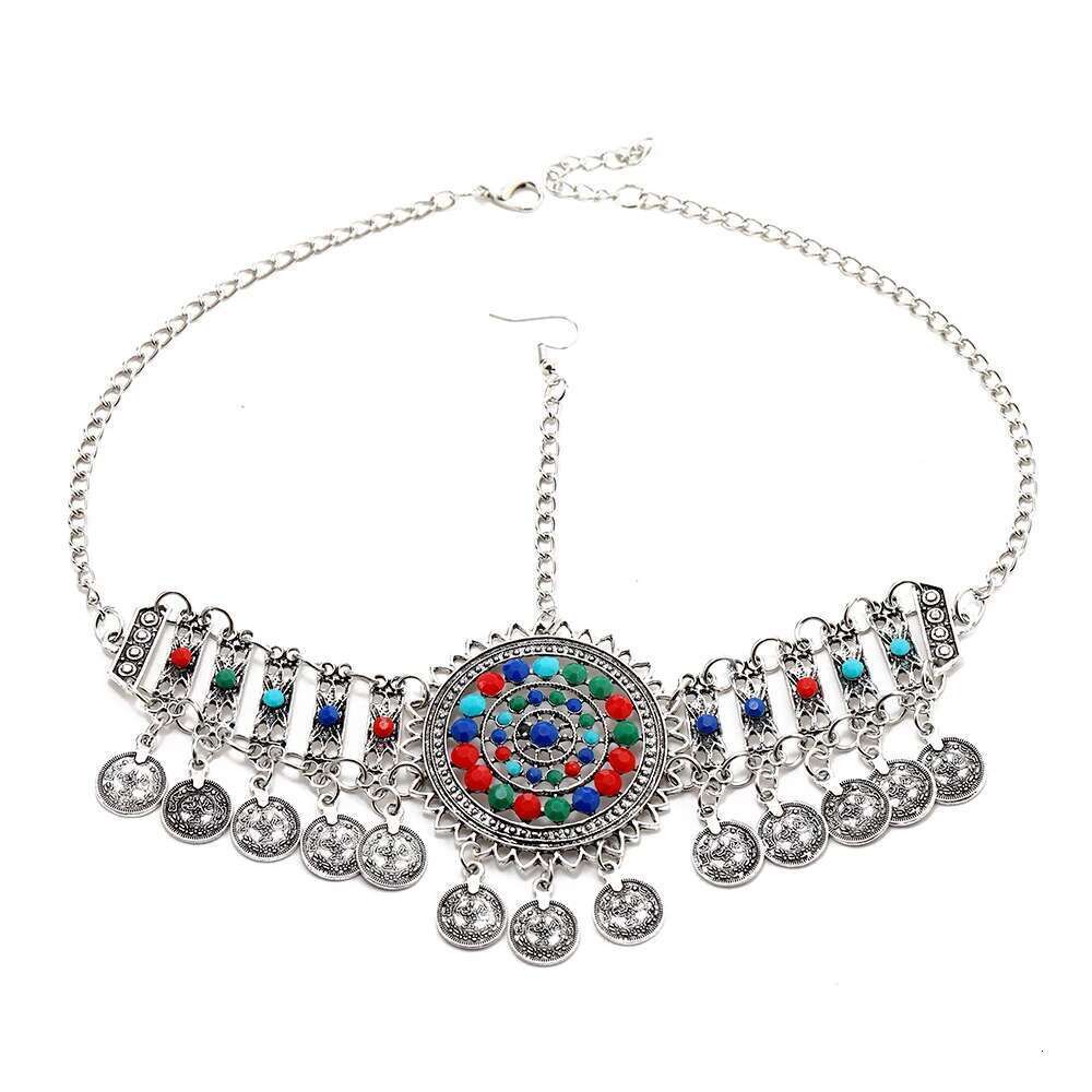 Vintage Afghan Gypsy Coin Headband Bracelet Earrings Sets Boho Colorful Rhinestone Round Hollowed Flower Turkish Female Jewelry