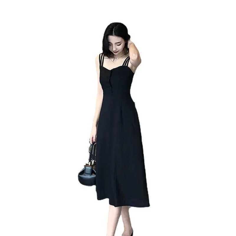 Elegant French style black long womens summer lotus system super goddess waist fit slimming gentle style vest dress W250430