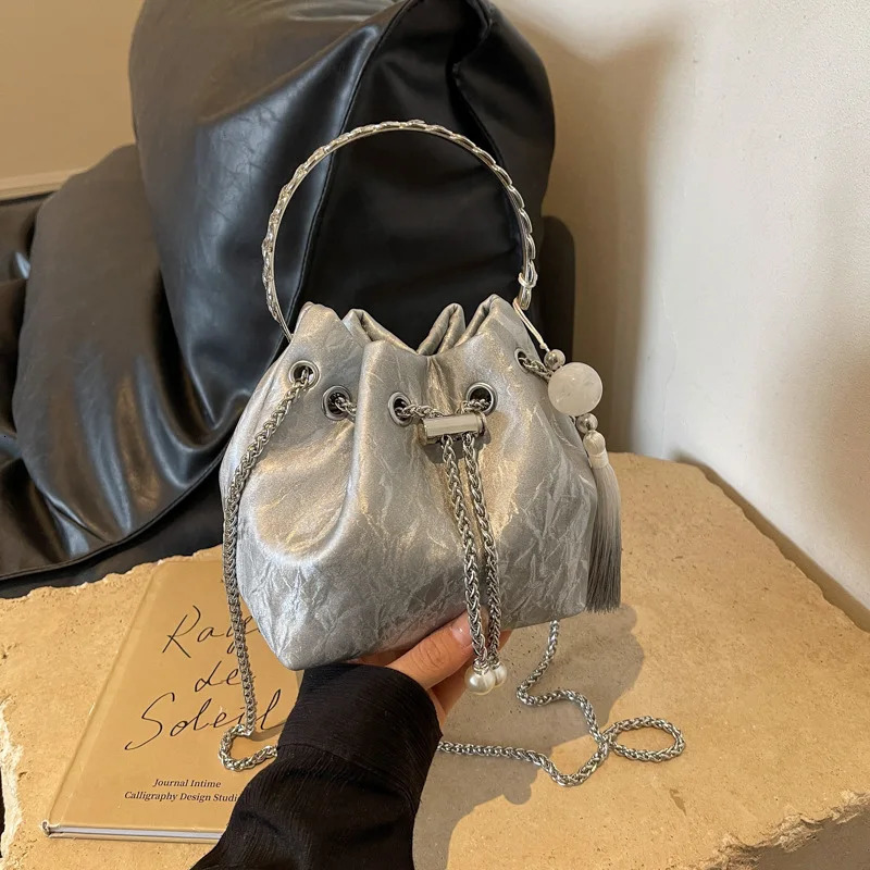 Korean handbag 100 chain shoulder bag cross body bag fashionable womens bucket bag pendant decorative PU material 250427