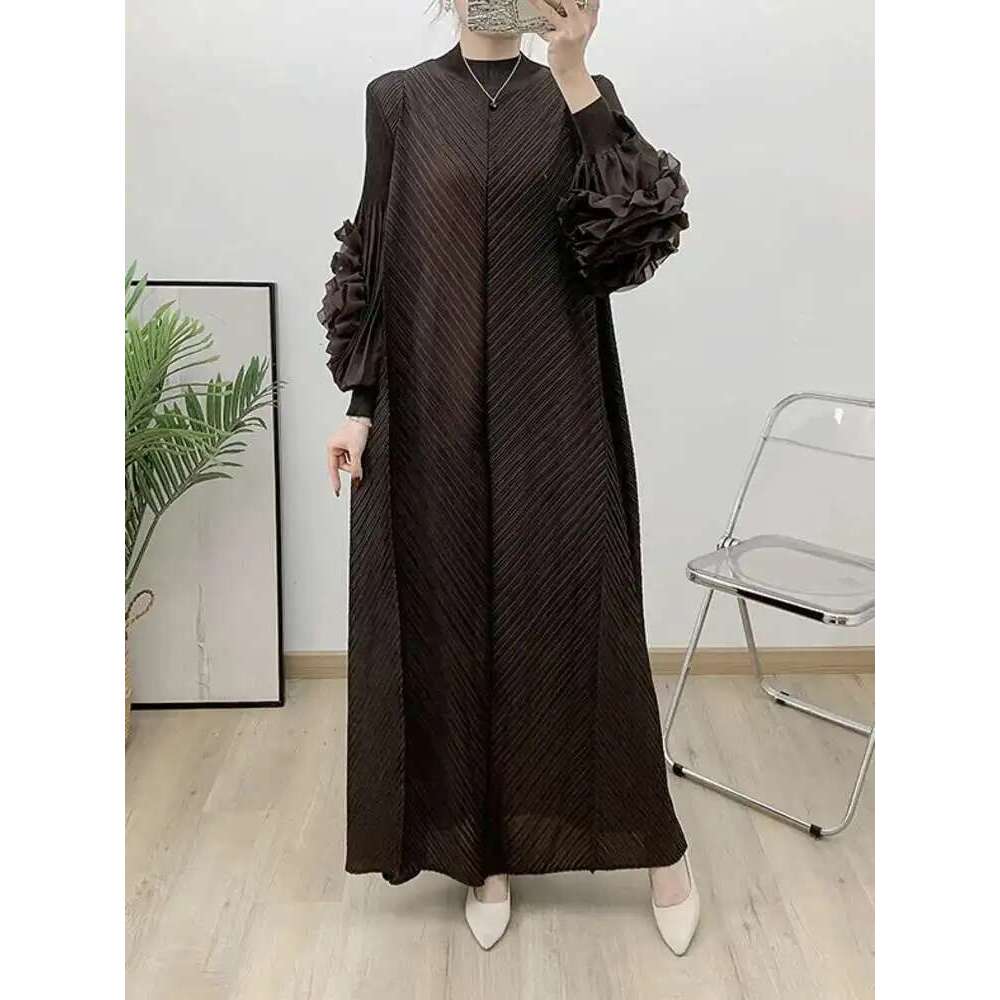 LANMREM Wine Red Pleated Dress For Women Flower Sleeves Female Evening Party Elegant Clothing Trendy New Ladies 2Db1827