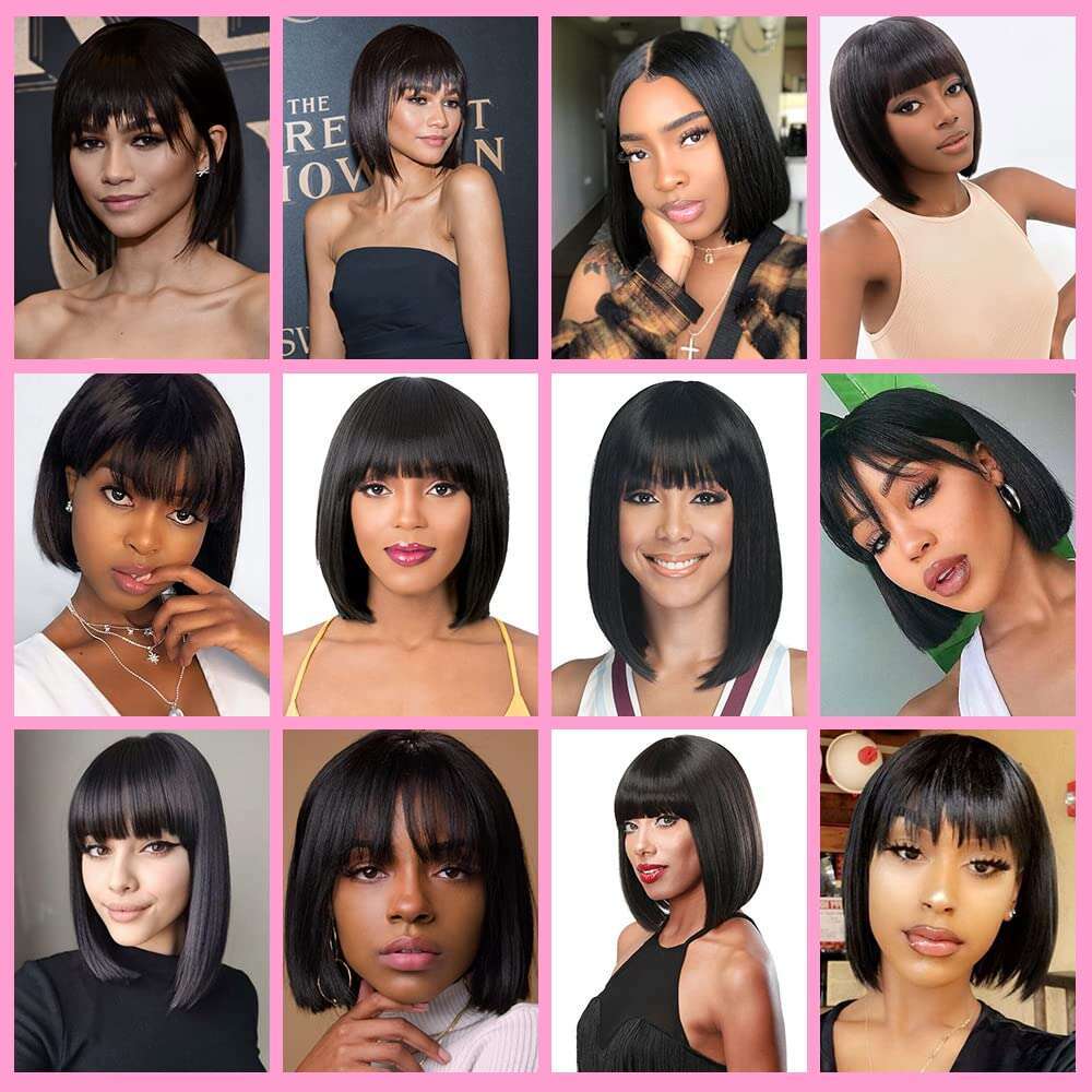 Human 150% Density Short Straight Bob Wig With Bangs None Lace Front Brazilian Hair Wigs (Black, 10inch)