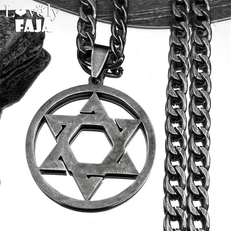 Star Of David Shield Stainless Steel Necklace for Men Women Gun Black Color Hexagram Hip Hop Pendant Necklace Jewelry Gift 250428