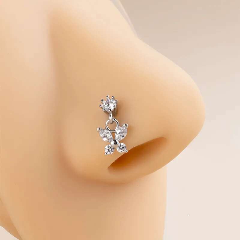1Pcs Stainless Steel Piercing Studs Crystal Zircon Butterfly Pendant Nose Ring Nail Goth PIERC Body Jewelry For Women 20G
