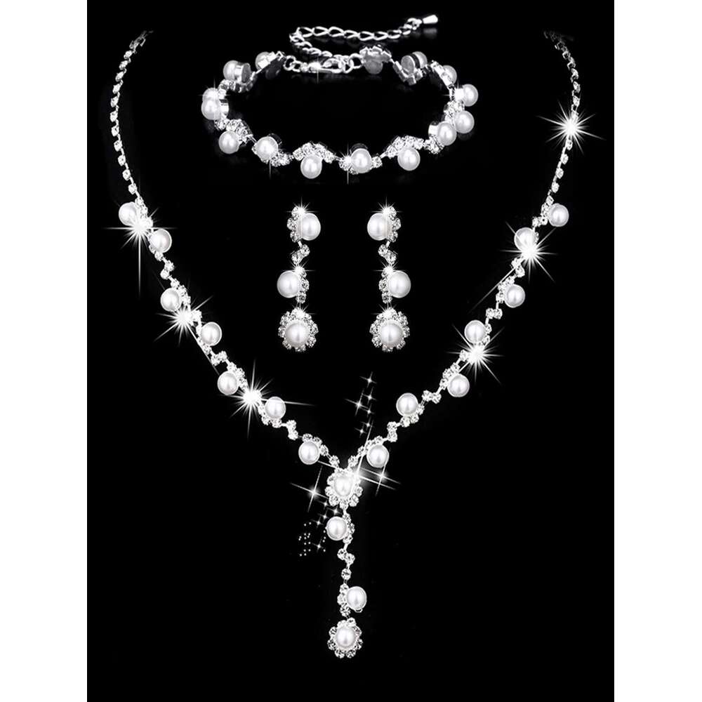 4 Pcs Bridal Jewelry Set, Rhinestone Pearl Necklace, Earrings, Bracelets, Dinner Dress Accessories