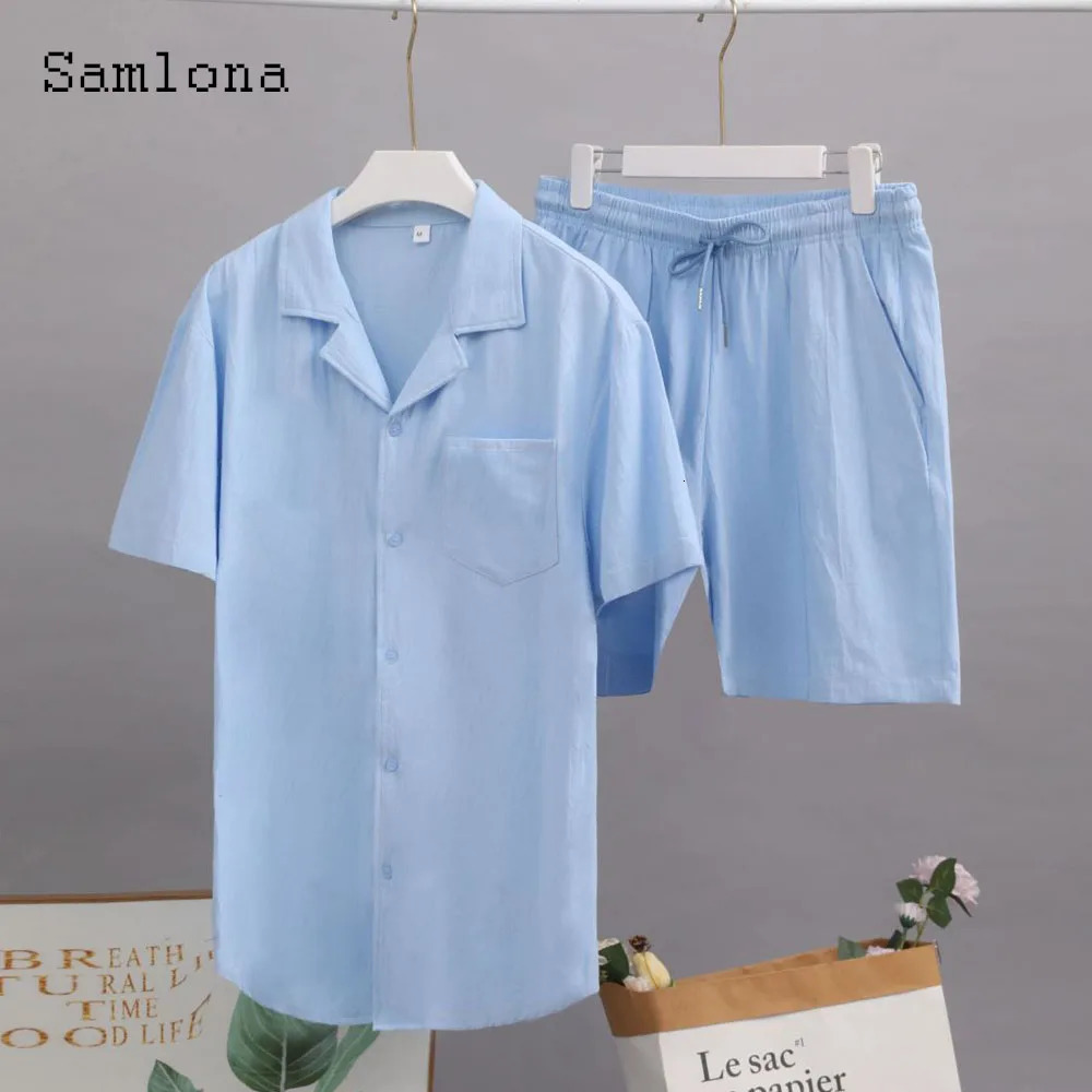 Plus Size 3xl mens casual linen two-piece set Western style fashion shirt and white shorts set mens basic track set 250425
