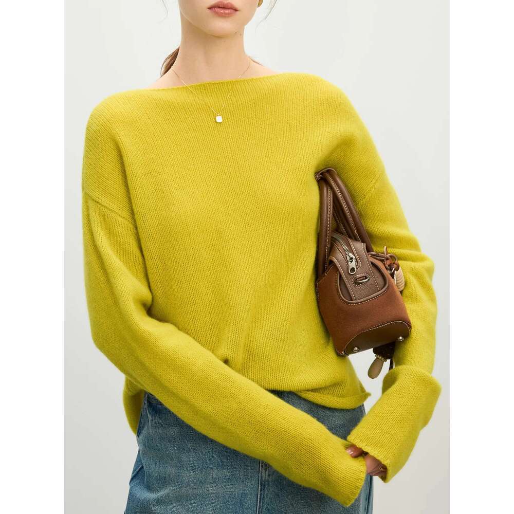 FSLE Women Solid Sweaters 100% Wool Female Knit Sweater Boat Collar 2025 Spring Yellow Green Casual Pullover 25Fs11207