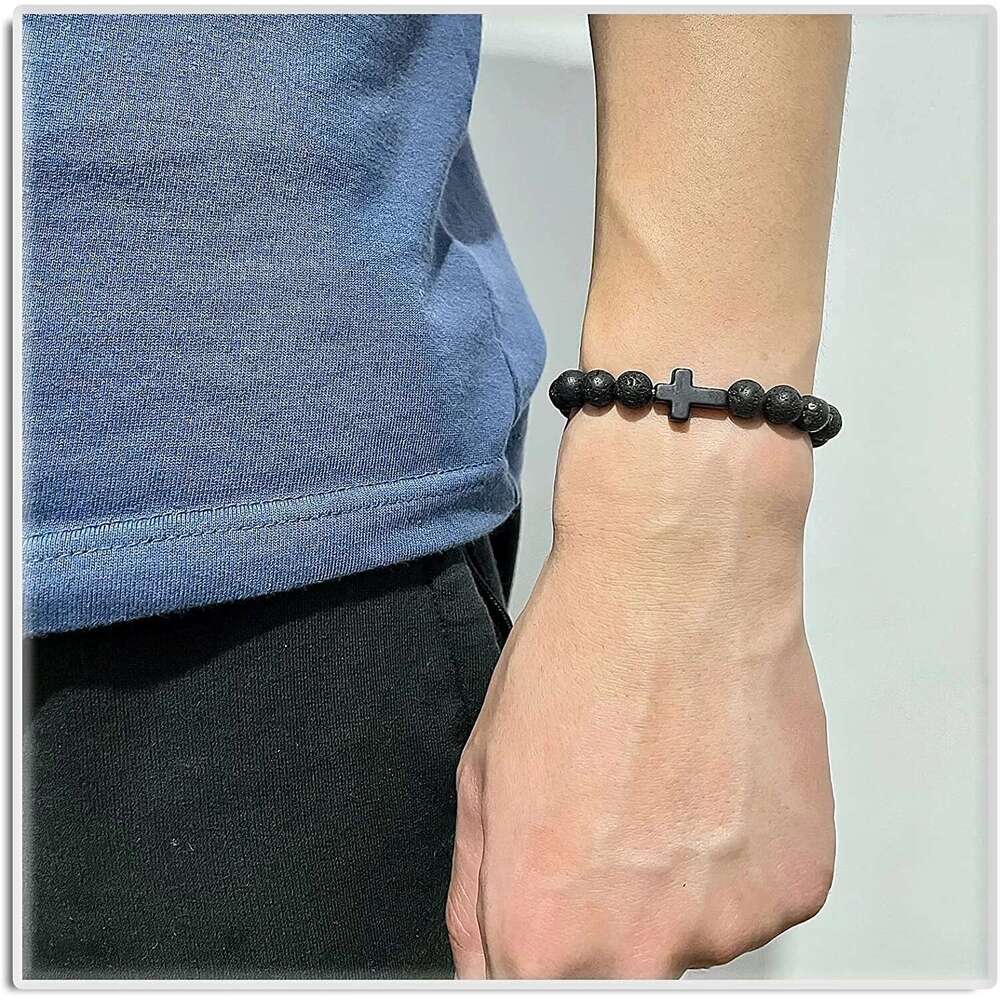 Hot Jesus Cross Bracelets For Women Men Multicolor Natural Turquoise Matte Black Lava Prayer Beads Bangles Handmade Jewelry Gift