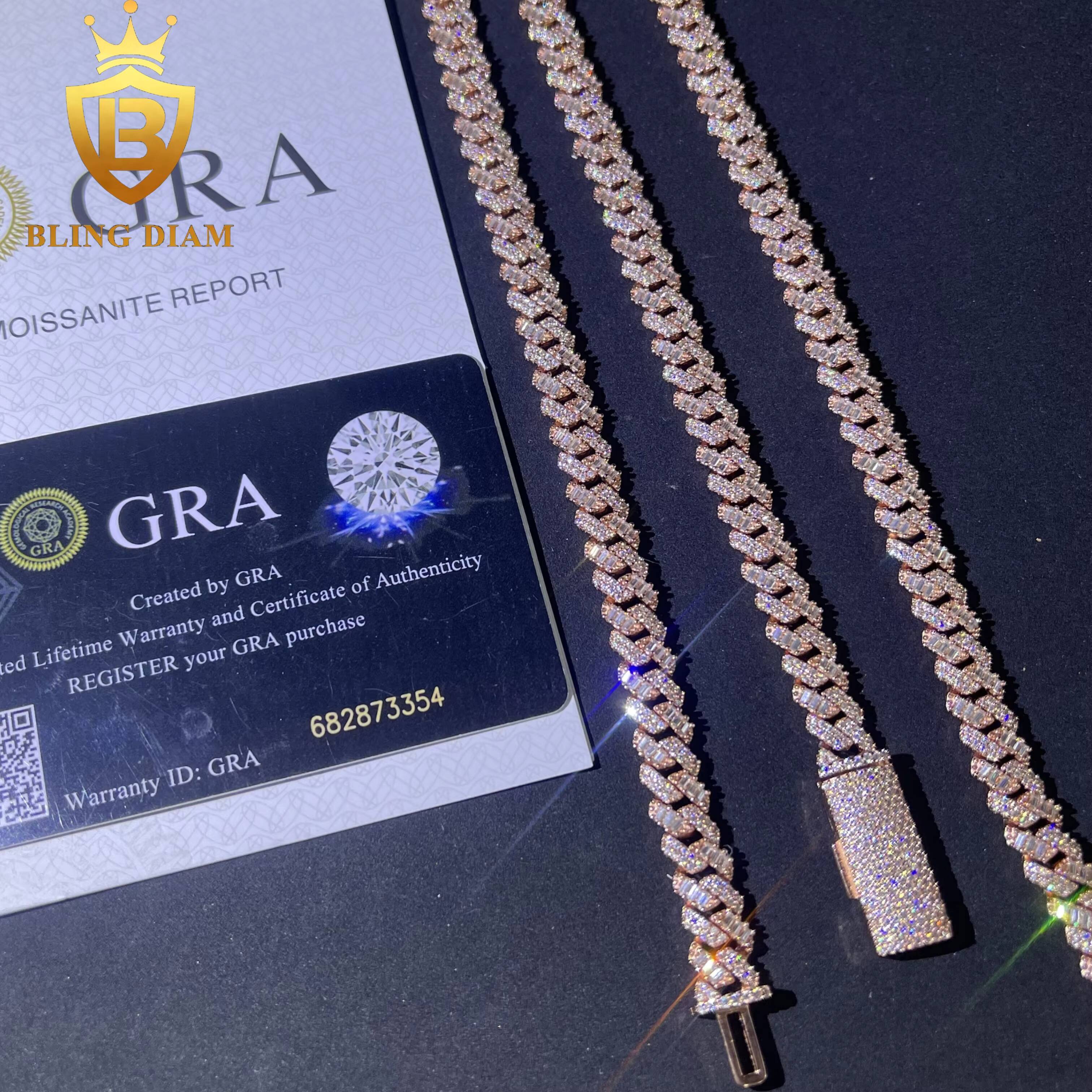 8mm Hip Hop Miami Rose Gold Cuban Link Chain Baguette Moissanite Iced Out 925 Sterling Silver Necklace Bracelet Set for Men